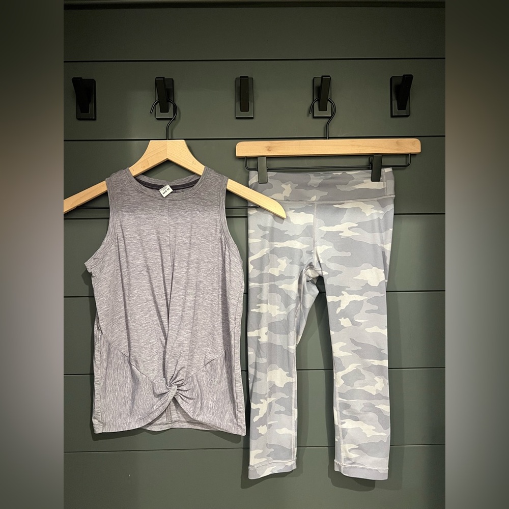 Athleta Girl Purple Twist Tank and Purple Camo Capri Leggings Set